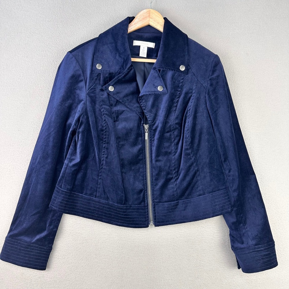 Chico's Moto Jacket Womens M Blue Velvet Semi Cropped Zip Front Office Career